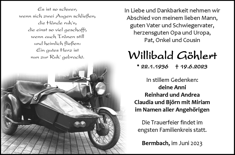  Traueranzeige für Willibald Göhlert vom 01.07.2023 aus Südthüringer Presse