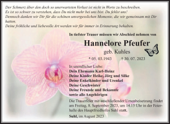 Traueranzeige von Hannelore Pfeufer von Südthüringer Presse