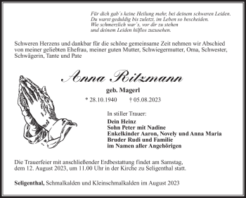 Traueranzeige von Anna Ritzmann von Südthüringer Presse