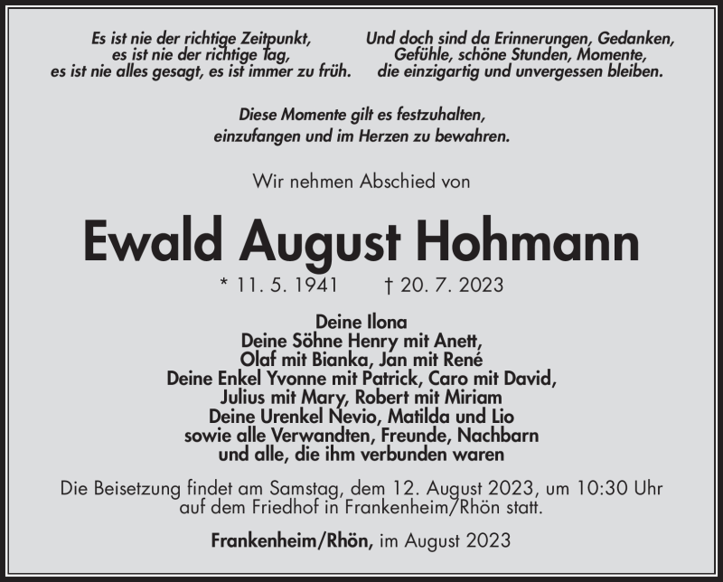  Traueranzeige für Ewald Hohmann vom 05.08.2023 aus Südthüringer Presse