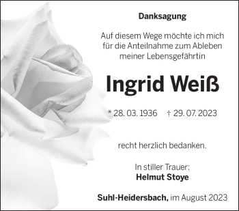 Traueranzeige von Ingrid Weiß von Südthüringer Presse