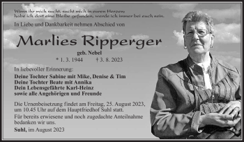 Traueranzeige von Marlies Ripperger von Südthüringer Presse