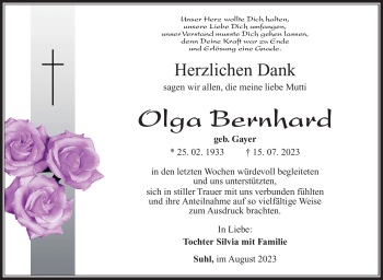 Traueranzeige von Olga Bernhard von Südthüringer Presse