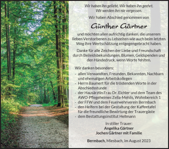 Traueranzeige von Günther Gärtner von Südthüringer Presse