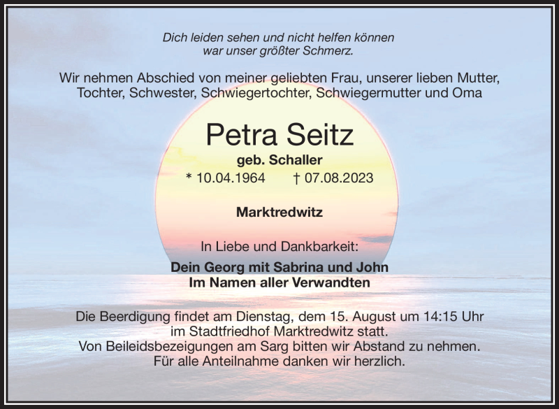  Traueranzeige für Petra Seitz vom 12.08.2023 aus Frankenpost