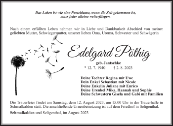 Traueranzeige von Edelgard Pöthig von Südthüringer Presse