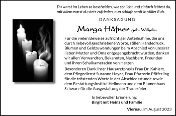 Traueranzeige von Marga Häfner von Südthüringer Presse