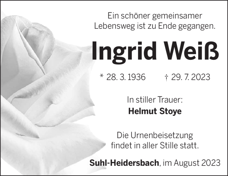  Traueranzeige für Ingrid Weiß vom 05.08.2023 aus Südthüringer Presse