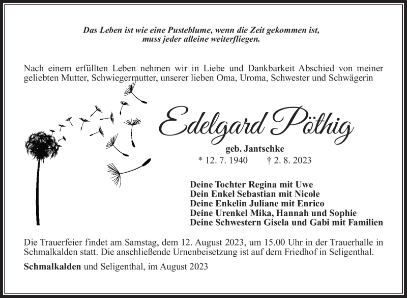  Traueranzeige für Edelgard Pöthig vom 05.08.2023 aus Südthüringer Presse