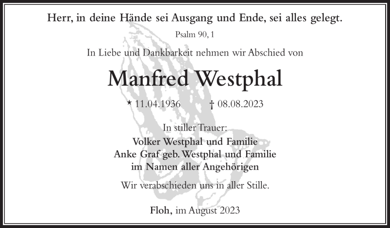 Traueranzeige für Manfred Westphal vom 12.08.2023 aus Südthüringer Presse