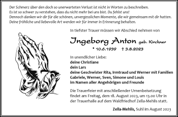 Traueranzeige von Ingeborg Anton von Südthüringer Presse