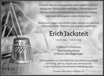 Traueranzeige von Erich Jacksteit von Südthüringer Presse