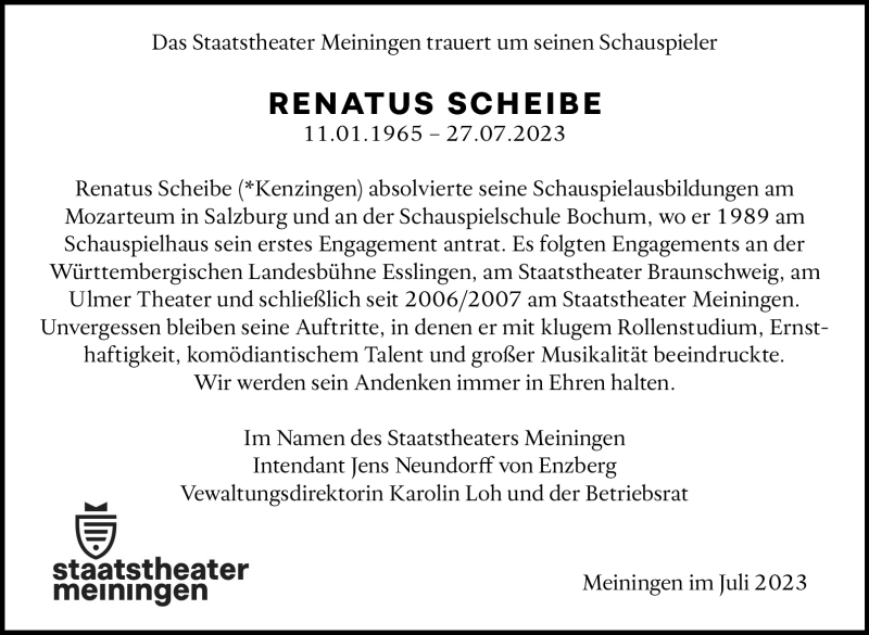  Traueranzeige für Renatus Scheibe vom 12.08.2023 aus Südthüringer Presse