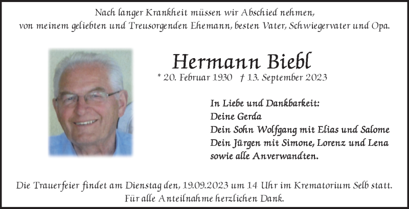 Traueranzeige für Hermann Biebl vom 18.09.2023 aus Frankenpost