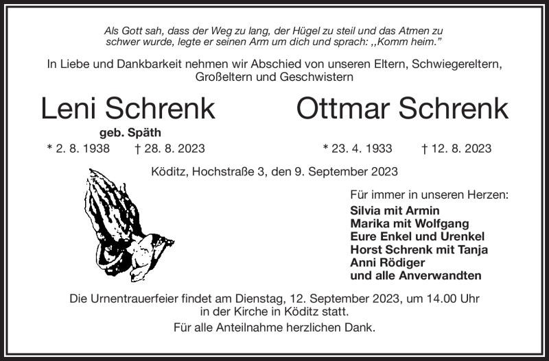  Traueranzeige für LeniOttmar SchrenkSchrenk vom 09.09.2023 aus Frankenpost