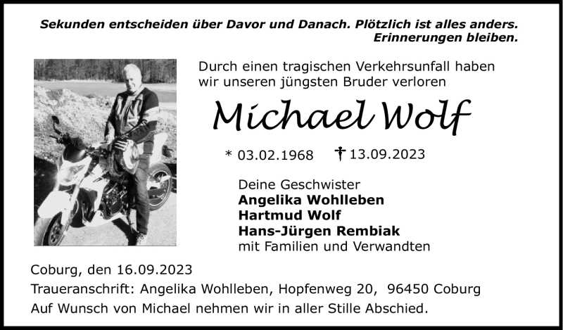  Traueranzeige für Michael Wolf vom 16.09.2023 aus Neue Presse Coburg