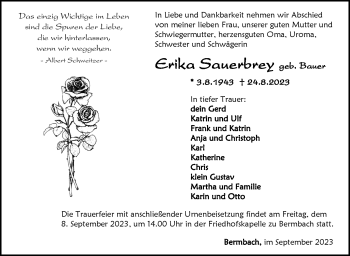 Traueranzeige von Erika Sauerbrey von Südthüringer Presse