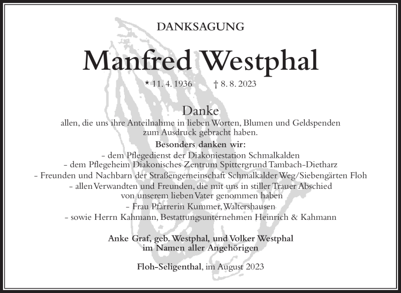  Traueranzeige für Manfred Westphal vom 02.09.2023 aus Südthüringer Presse