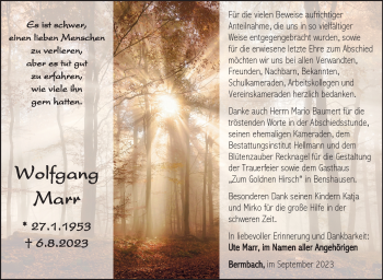 Traueranzeige von Wolfgang Marr von Südthüringer Presse