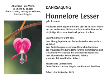 Traueranzeige von Hannelore Lesser von Südthüringer Presse