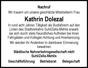 Traueranzeige von Kathrin Dolezal von Südthüringer Presse