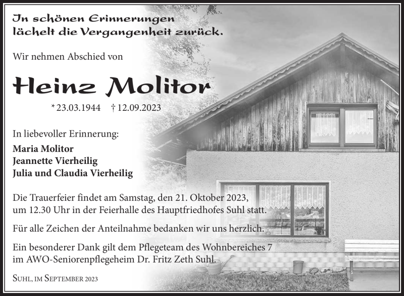  Traueranzeige für Heinz Molitor vom 23.09.2023 aus Südthüringer Presse