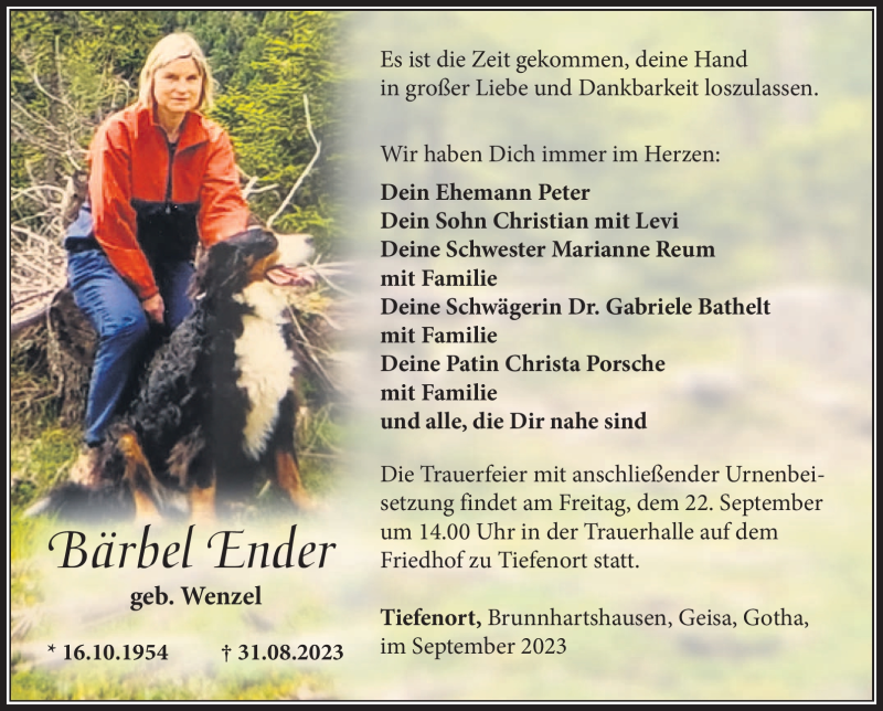  Traueranzeige für Bärbel Ender vom 19.09.2023 aus Südthüringer Presse