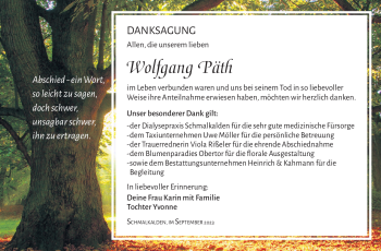 Traueranzeige von Wolfgang Päth von Südthüringer Presse