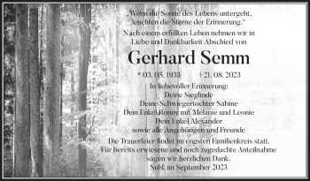 Traueranzeige von Gerhard Semm von Südthüringer Presse