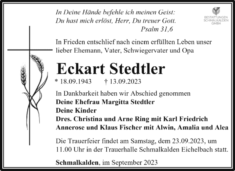  Traueranzeige für Eckart Stedtler vom 19.09.2023 aus Südthüringer Presse