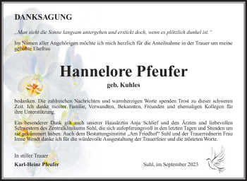 Traueranzeige von Hannelore Pfeufer von Südthüringer Presse