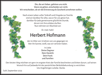 Traueranzeige von Herbert Hofmann von Südthüringer Presse