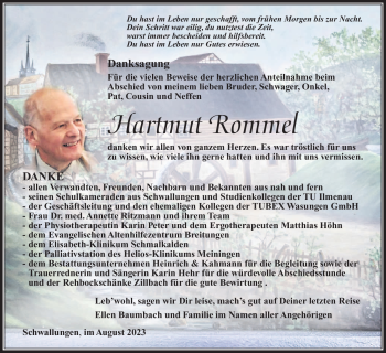 Traueranzeige von Hartmut Rommel von Südthüringer Presse