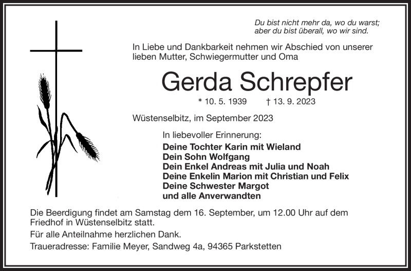  Traueranzeige für Gerda Schrepfer vom 15.09.2023 aus Frankenpost