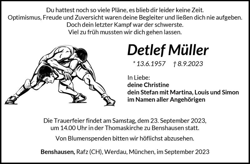  Traueranzeige für Detlef Müller vom 16.09.2023 aus Südthüringer Presse