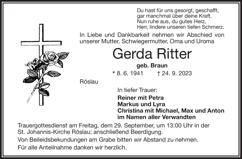  Traueranzeige für Gerda Ritter vom 27.09.2023 aus Frankenpost
