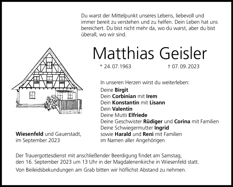  Traueranzeige für Matthias Geisler vom 14.09.2023 aus Neue Presse Coburg