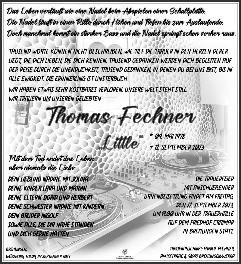  Traueranzeige für Thomas Fechner vom 16.09.2023 aus Südthüringer Presse