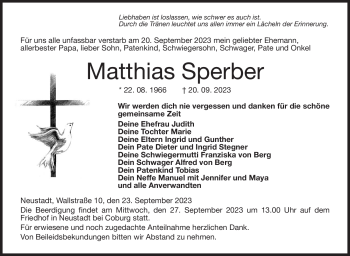 Traueranzeige von Matthias Sperber von Neue Presse Coburg