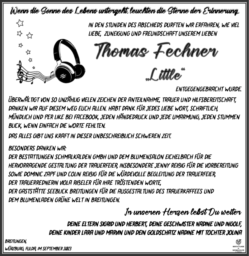  Traueranzeige für Thomas Fechner vom 30.09.2023 aus Südthüringer Presse