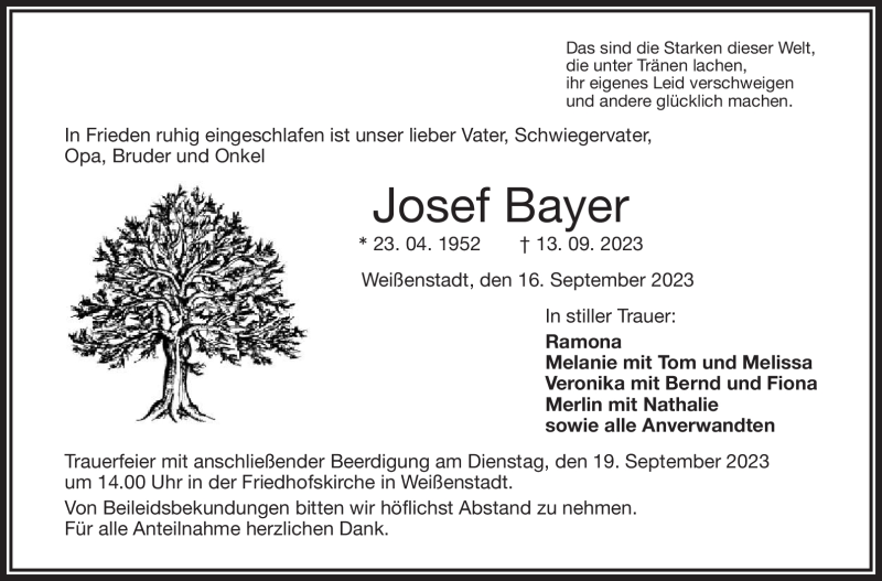  Traueranzeige für Josef Bayer vom 16.09.2023 aus Frankenpost