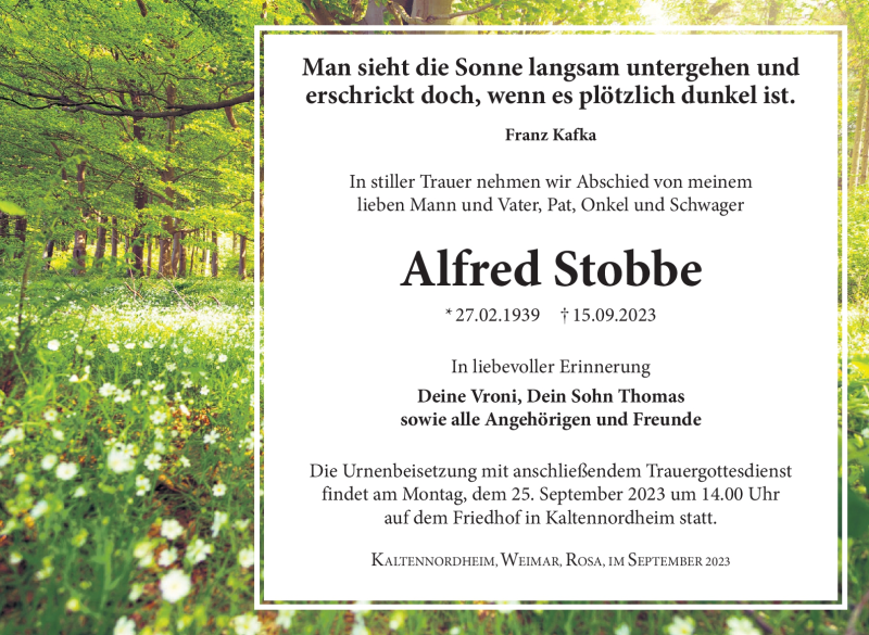  Traueranzeige für Alfred Stobbe vom 19.09.2023 aus Südthüringer Presse