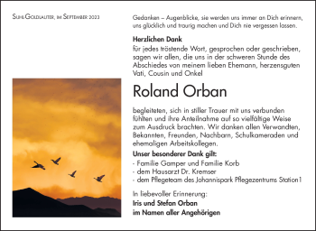 Traueranzeige von Roland Orban von Südthüringer Presse