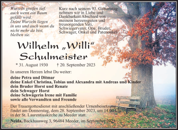 Traueranzeige von Wilhelm Schulmeister von Südthüringer Presse