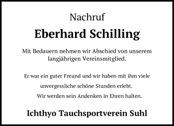 Traueranzeige von Eberhard Schilling von Südthüringer Presse