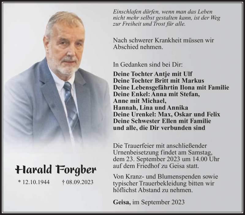  Traueranzeige für Harald Forgber vom 19.09.2023 aus Südthüringer Presse
