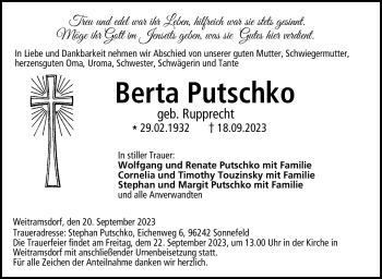 Traueranzeige von Berta Putschko von Neue Presse Coburg