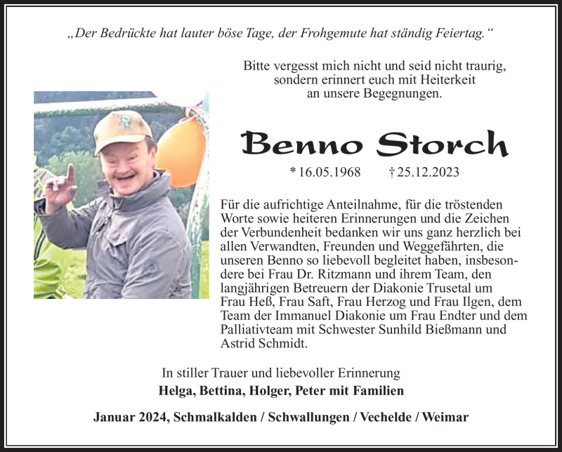  Traueranzeige für Benno Storch vom 20.01.2024 aus 80048