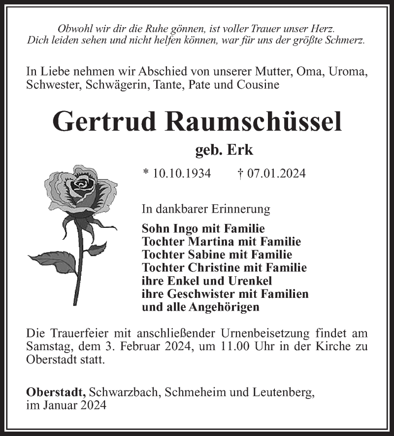  Traueranzeige für Gertrud Raumschüssel vom 27.01.2024 aus Südthüringer Presse