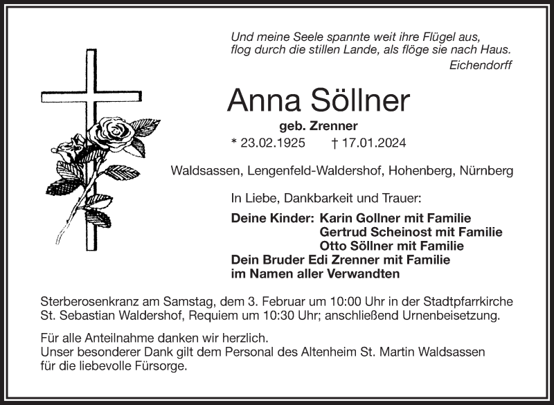 Traueranzeige für Anna Söllner vom 27.01.2024 aus Frankenpost